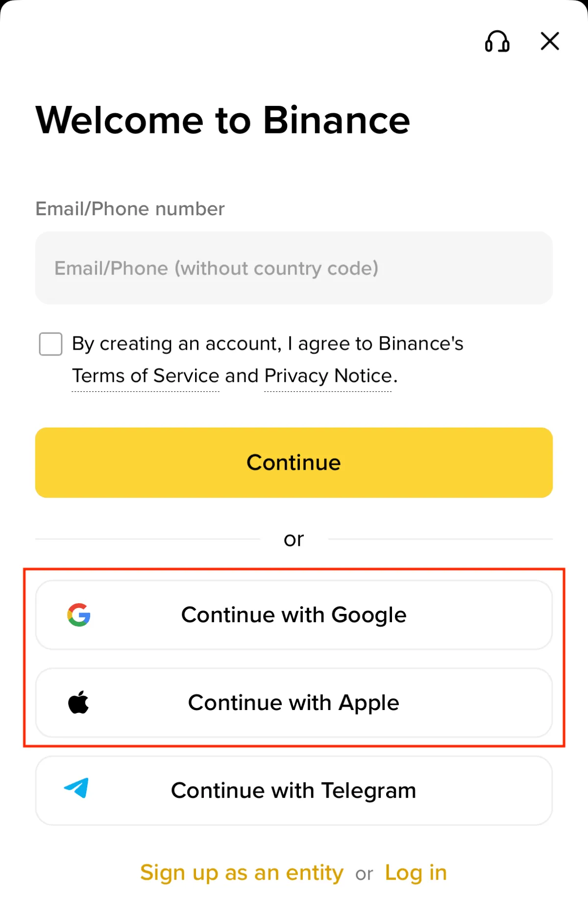 币安 App 注册页底部的「通过 Apple 继续」「通过谷歌继续」按钮被标出