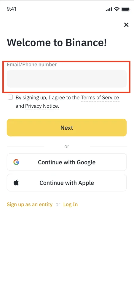 币安 App 注册页:输入邮箱地址或手机号码的输入框,下面是同意服务条款和隐私政策的复选框和「下一步」按钮