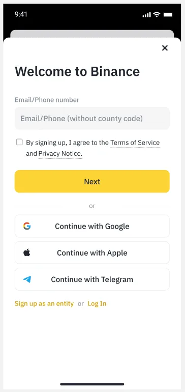 币安 App 注册页上「通过 Telegram 继续」按钮被标出