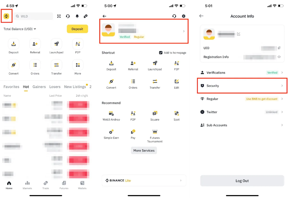 币安 App 账户页,顶部个人资料和「账户安全」入口被标出