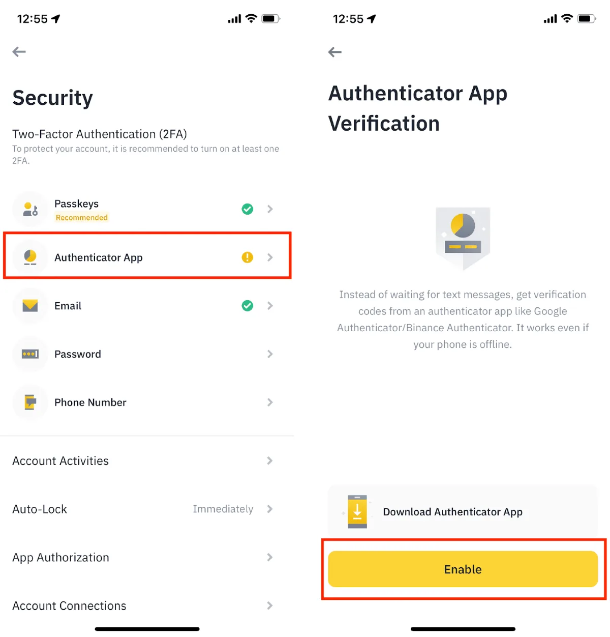 账户安全页里的「身份验证器App」一项,右侧「启用」按钮被标出