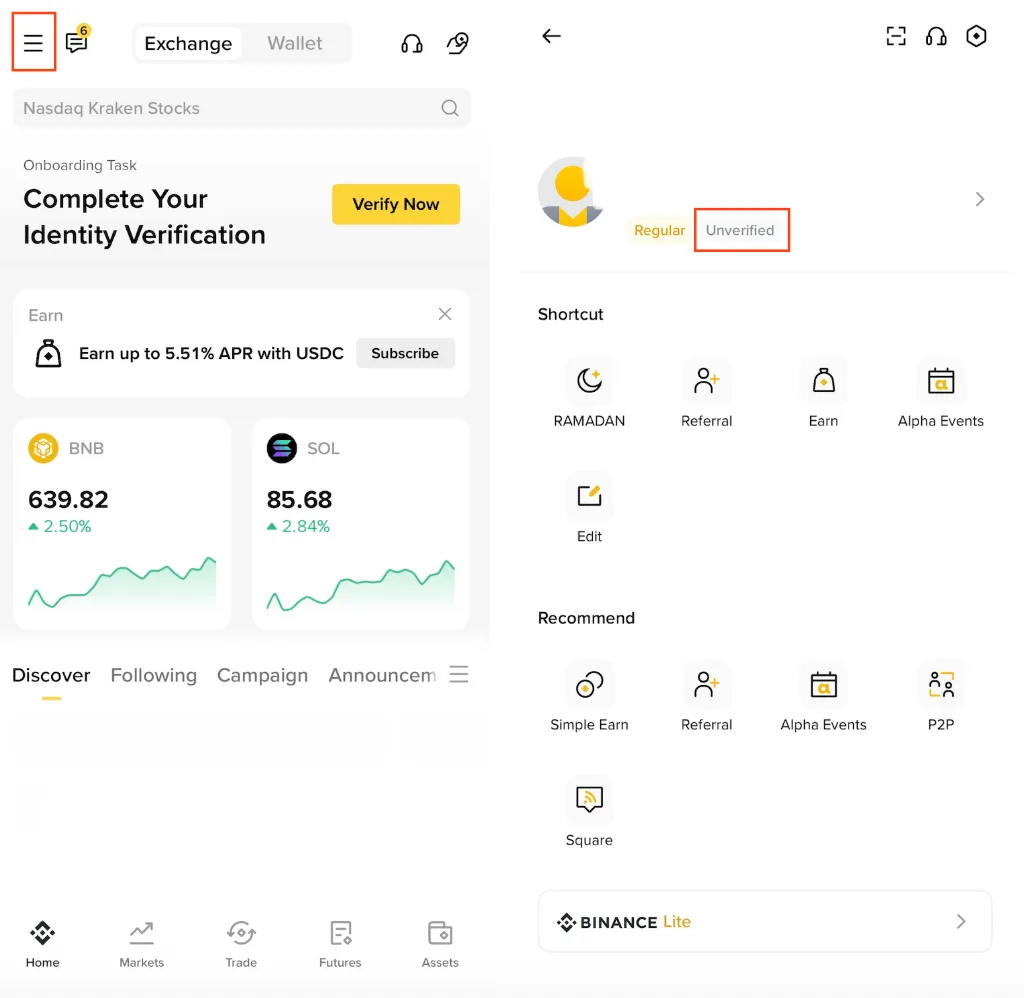 币安 App 账户中心页,用户名下方的「未认证」按钮被标出