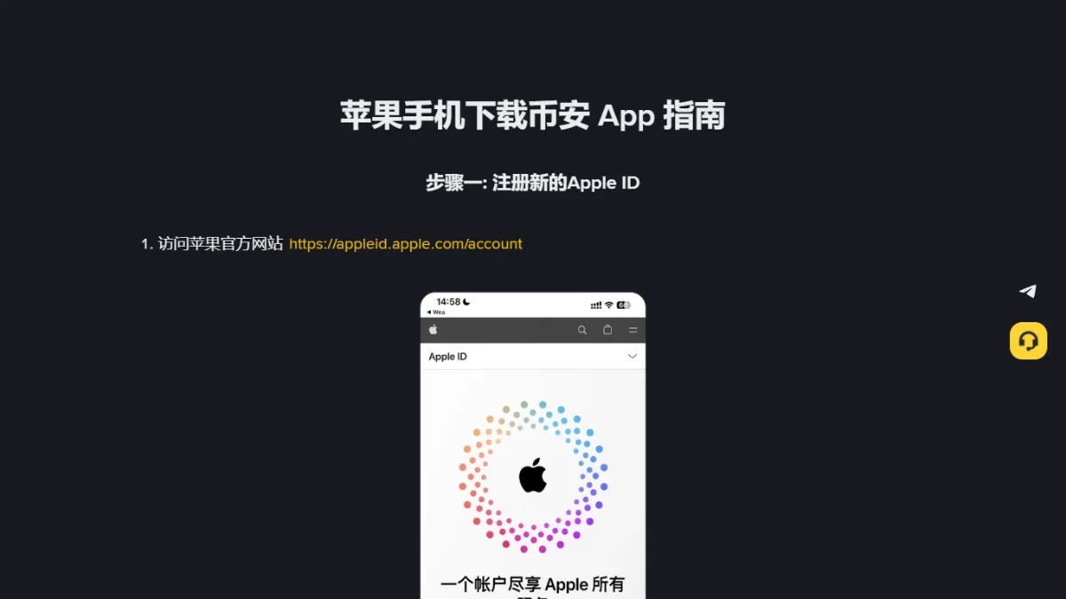 币安官方「苹果手机下载币安 App 指南」页：步骤一注册新的 Apple ID，第 1 步访问苹果官方网站 appleid.apple.com/account，下方是手机截图